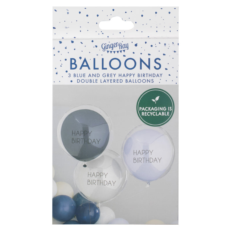 Ginger Ray® Set 3 balonov Blue & Grey Double Layered Happy Birthday Ginger Ray