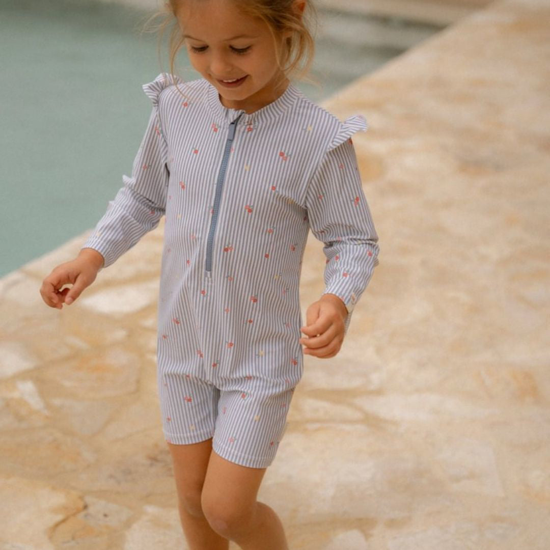 Little Dutch® Otroške enodelne kopalke z rokavi Sunny Flowers Blue Little Dutch