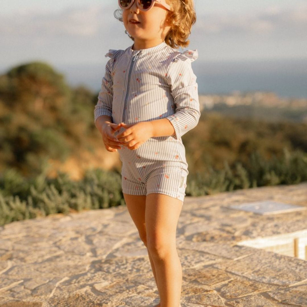 Little Dutch® Otroške enodelne kopalke z rokavi Sunny Flowers Blue Little Dutch