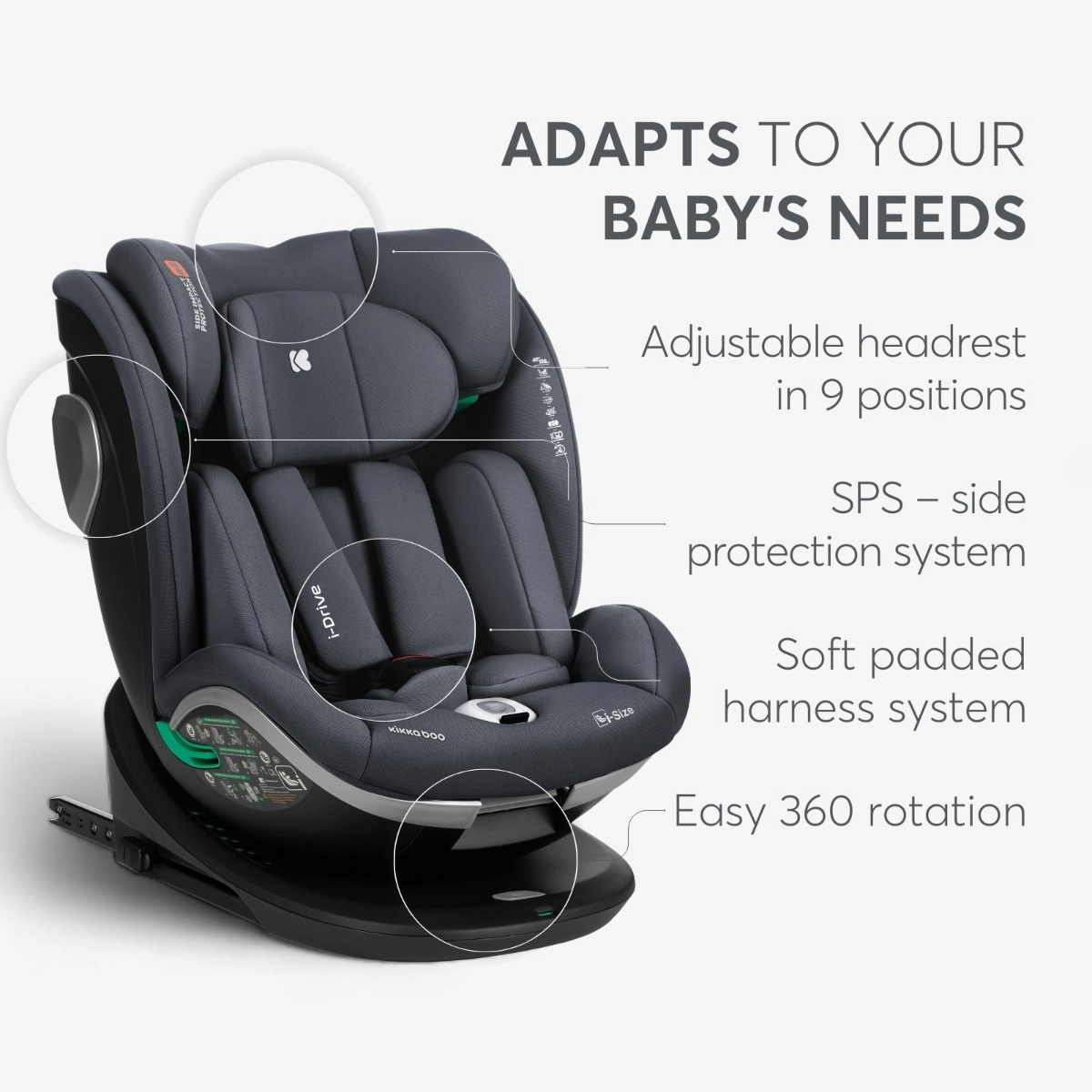 KikkaBoo® Otroški avtosedež 360° i-Drive i-SIZE (40-150 cm) Light Grey KikkaBoo